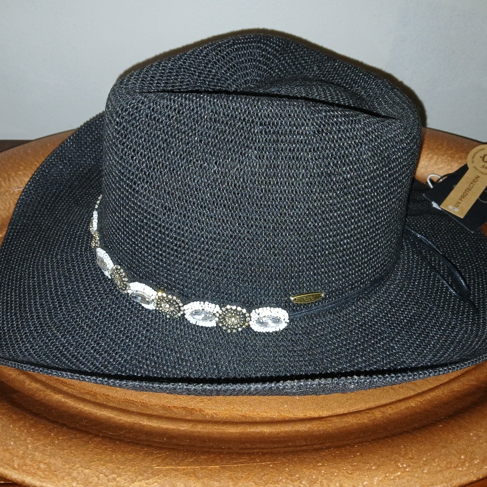 C.C New York Black Woven Hat with Hand Beeded Band NWT